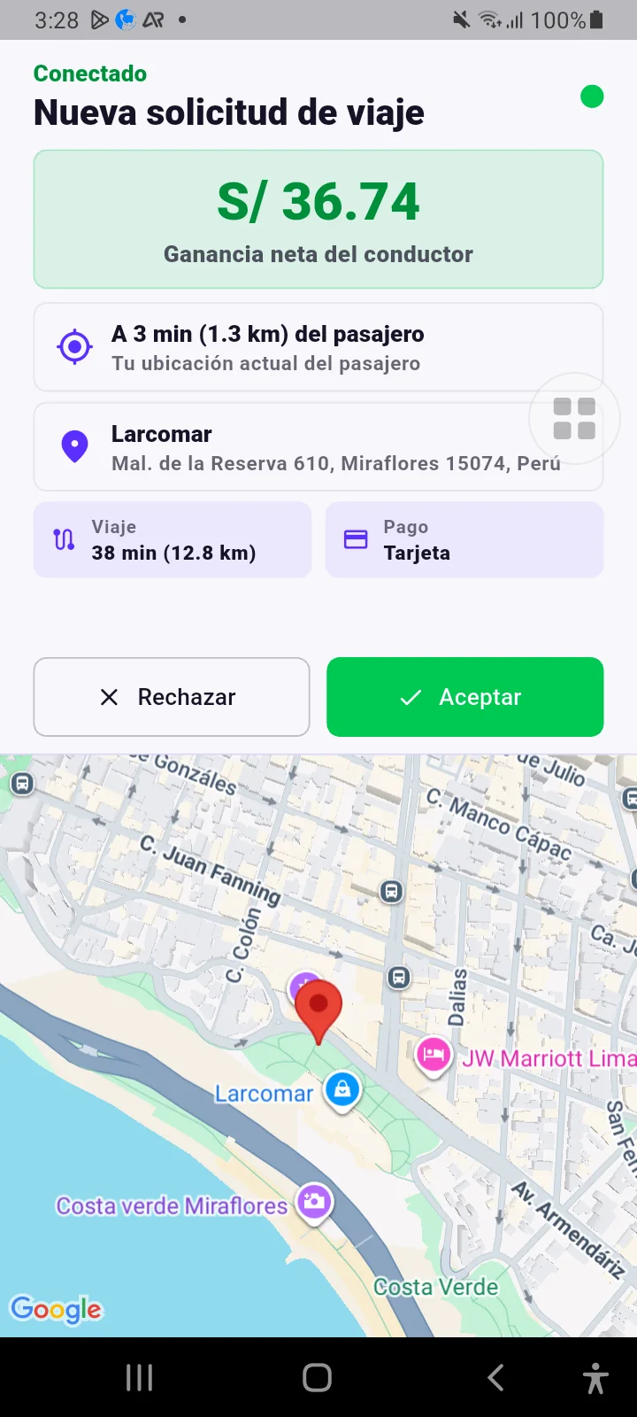 Solicitud simulada real en ClauGo Conductor