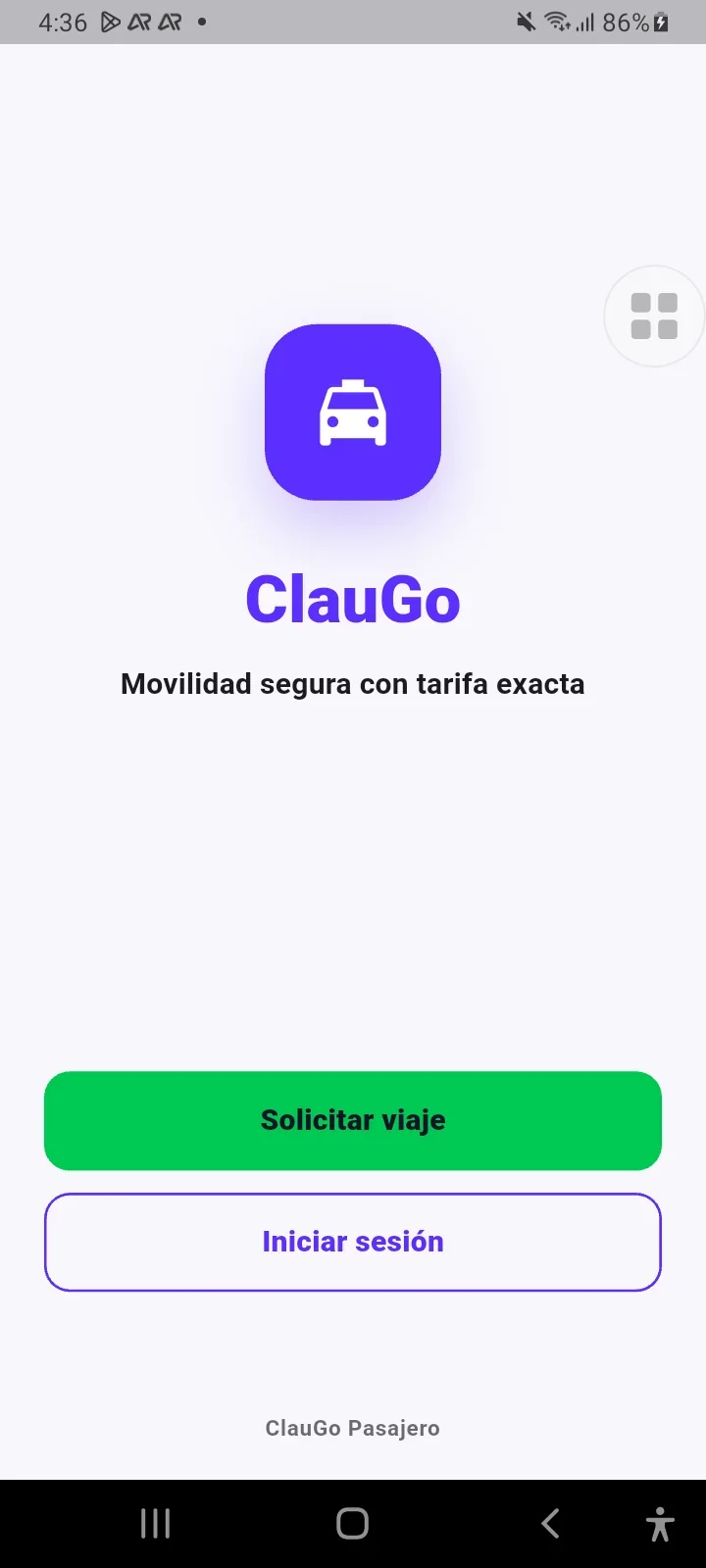 Pantalla real de bienvenida de ClauGo Pasajero