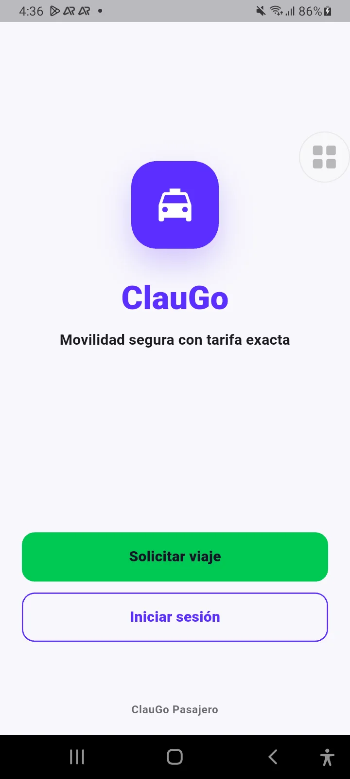 Pantalla real de bienvenida de ClauGo Pasajero