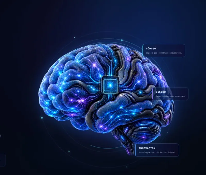 Detalle del cerebro biónico con nodos y rutas neuronales del hero de ClauV Studio