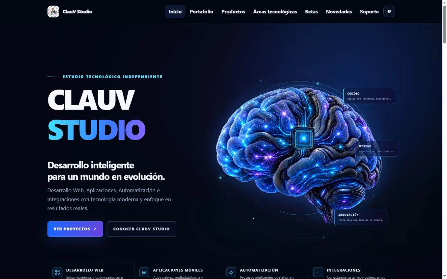 Portada de ClauV Studio Web con cerebro biónico, navegación y capacidades tecnológicas
