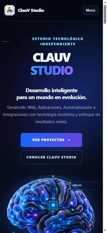 Portada responsive de ClauV Studio Web en un viewport móvil real