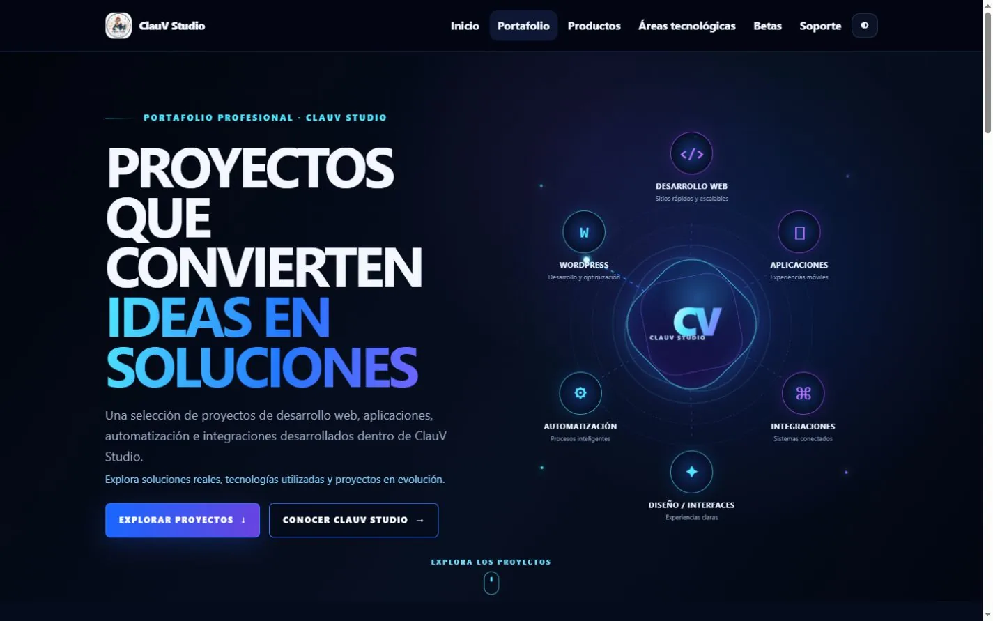 Portafolio de ClauV Studio con red de capacidades y proyectos