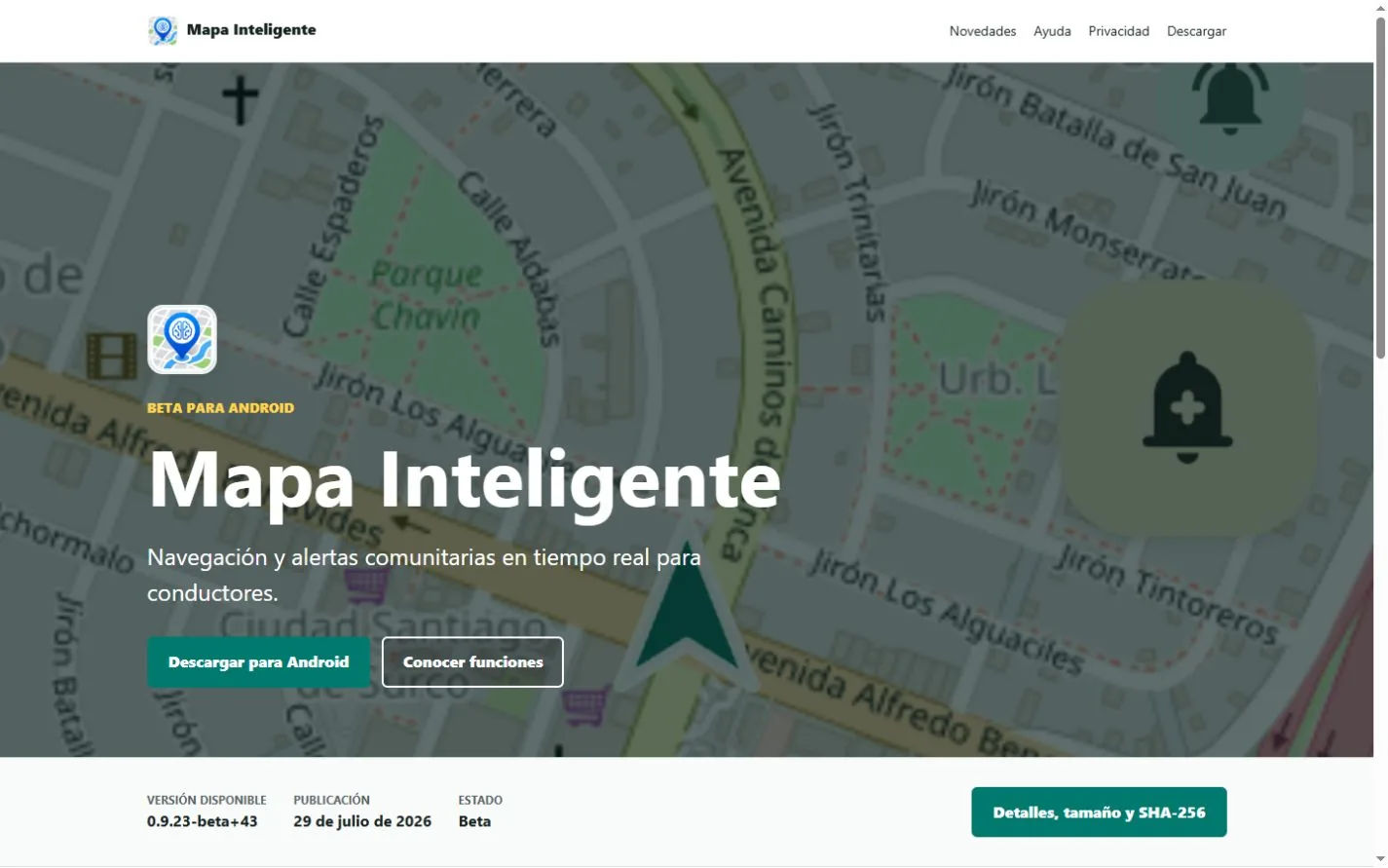 Portada pública de Mapa Inteligente con navegación y alertas comunitarias