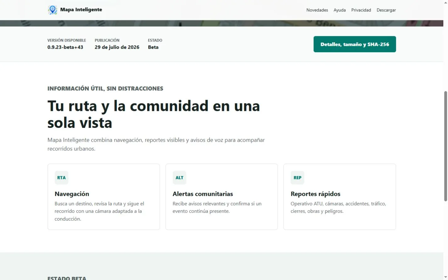Sección pública con navegación, alertas y reportes rápidos