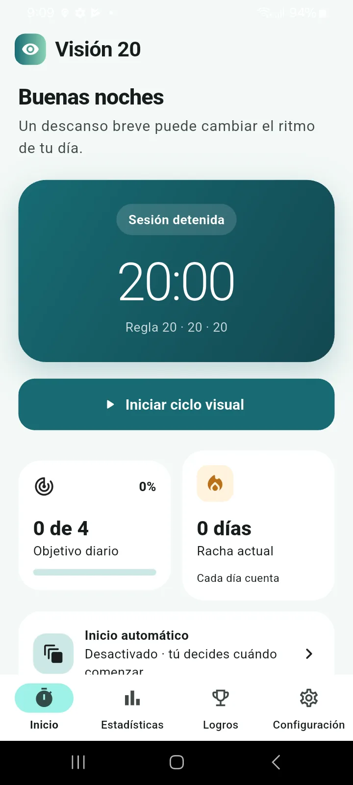 Pantalla de inicio real de Visión 20